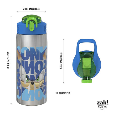 Zak Designs Sonic The Hedgehog Water Bottle for Travel and at Home, 19 oz Vacuum Insulated Stainless Steel with Locking Spout Cover, Built-in Carrying Loop, Leak-Proof Design (Sonic)