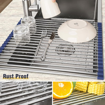 Tomorotec Roll Up Dish Drying Rack Over Sink, 304 Steel, 21x15.5, Indigo