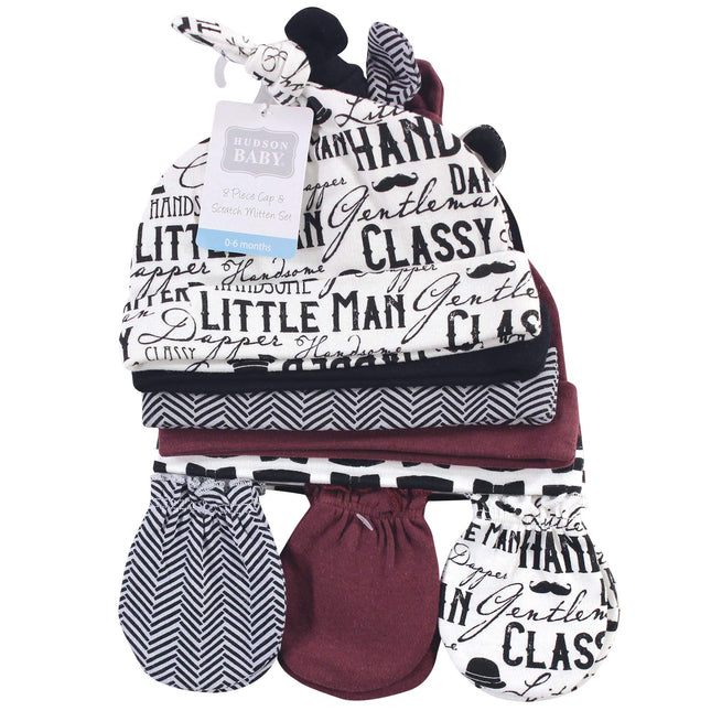 Hudson Baby Unisex Baby Cotton Cap and Scratch Mitten Set, Vintage Little Man, 0-6 Months