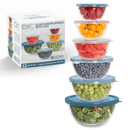 Cook with Color 12 Pc Glass Mixing Bowl Set with Lids – Borosilicate Glass Nesting Bowls for Cooking, Baking and Meal Prep, Blue/Pink
