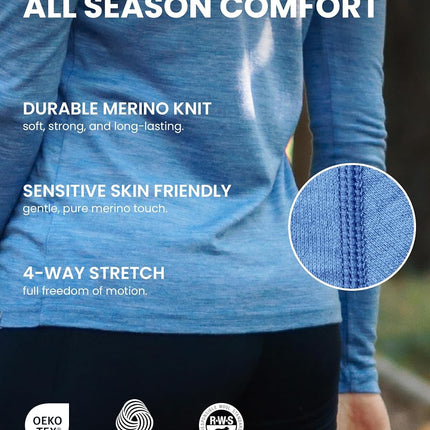 Merino.tech 100% Merino Wool Base Layer Women Shirt & Socks - All-Season (XX-Large, 165 Navy)