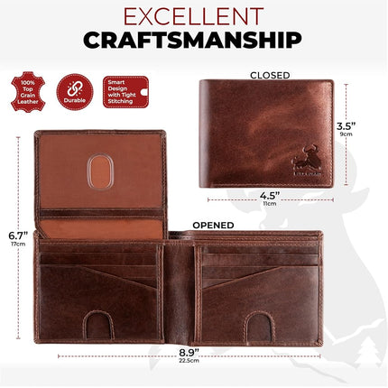 BULL GUARD Cartera de hombre con bloqueo RFID, pliegue doble, de cuero genuino suave, marrón, estilo occidental