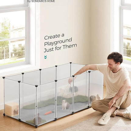 SONGMICS Pet Playpen with Floor, Small Animal Pen, Pet Fence Indoor, DIY Plastic Enclosure for Hamsters, Hedgehogs, 57.1 x 28.3 x 22.4 Inches, White ULPC007W01