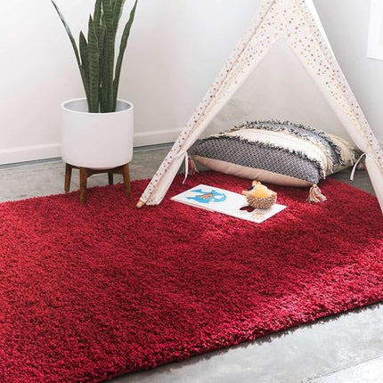 Alfombra de área Unique Loom Solo Solid Shag Collection - Alfombra moderna de felpa exuberante y suave (1.22 x 1.83 m rectangular, rojo cereza)