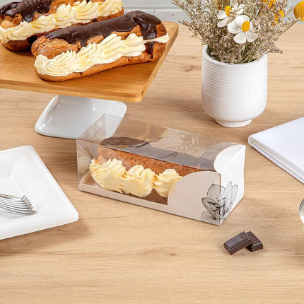 Restaurantware-7 Inch x 2.5 Inch Clear Dessert Boxes, 100 White Paper Sleeve Transparent Candy Boxes - Lotus Accent, No Grease Lining, Clear Plastic Clear Favor Boxes, Crack Resistant, Disposable