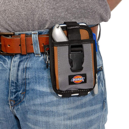 Dickies 2-Compartment Large Phone Pouch, Universal-fit Steel Clip for Tool Belt, Security Strap Over Phone, Carabiner for Quick-Clip Key Storage