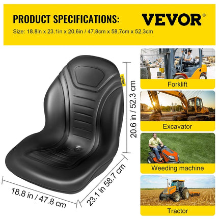 VEVOR Universal Lawn Tractor Seat Replacement - Compact High Back Mower, Black Vinyl Forklift, Central Drain Hole Skid Steer With Mounting Bolt Patterns of 8" x 11.5" & 11.25" x 11.5"