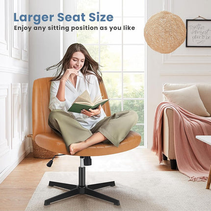 DUMOS Desk Chair No Wheels, Criss Cross Chair Wide Cross Legged Office Desk Vanity Chair, PU Leather Armless Adjustable Swivel Chairs for Home Computer Task Brwon