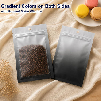 Arsmat 100 Pcs Resealable Mylar Ziplock Food Storage Bags, Gradient Color Smell Proof Bag with Clear Window, Packaging Pouch for Coffee Beans Candy Sample Food (Grey Black, 5.9 X 8.6 Inch)