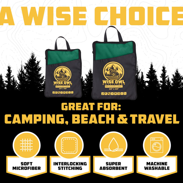Toalla de camping Wise Owl Outfitters - Microfibra ultrasuave, compacta y de secado rápido - Ideal para fitness, senderismo, yoga, viajes, deportes, mochilero y el gimnasio, grande 60x120 cm, verde