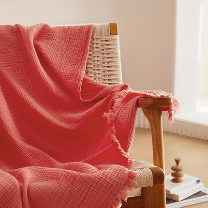 Simple&Opulence Jeté de lit en mousseline de coton 4 couches pour lit et canapé Couverture en gaze tissée avec pompons Douce Légère Confortable Prélavée Respirante Décoration de ferme pour toutes les saisons