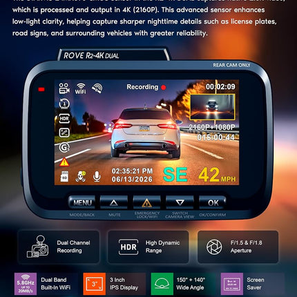 ROVE R2-4K DUAL Dash Cam Front and Rear, STARVIS 2 Sensor, FREE 128GB Card