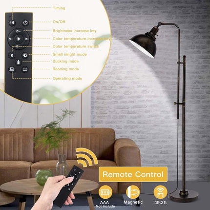 Lampadaire industriel réglable PARTPHONER, lampe de lecture rustique de style ferme à finition noire vieillie, lampadaire moderne avec télécommande et abat-jour en métal pour salon, chambre, bureau, hôtel