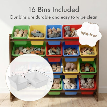 Humble Crew Children's Shelf, Toy Organiser Shelf with 16 Storage Boxes, Dark Wood/Primary
