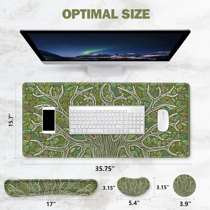 ToLuLu Desk Mat, Gaming Mouse Pad Wrist Support 4 in1 Set, XXL Large Mouse Pad + Keyboard Wrist Rest + Memory Foam Cushion Mouse Wrist Rest for Pain Relieve + Coaster Table Computer PC, Green Leaves