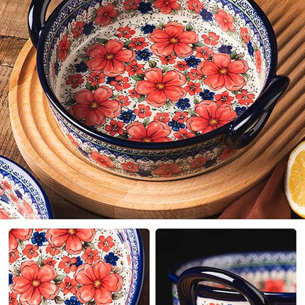Bicuzat Vintage Style Cherry Blossom Flowers Pottery Bakeware Ceramic Casserole Dish Baking Pan Lasagna Pans Baking Dish with Handles for Oven to Table-1 PCS, 32 oz