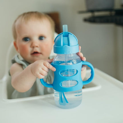 Dr. Brown's Milestones Wide-Neck Sippy Straw Bottle with 100% Silicone Handles and Weighted Straw, 9 oz/270 mL, Gray & Blue, 6m+, 2 Pack