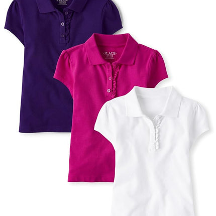 Lot de 3 Polos Piqué à Manches Courtes Volants pour Fille The Children's Place, Rose Aurore/Violet Royal/Blanc, Taille XL