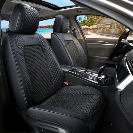 Coverado Seat Covers Full Set, 5 Seats Universal Seat Covers for Cars, Waterproof Breathable Faux Leather and Woven-Fabric Seat Cushions for Front and Rear, Auto Interiors for Most Vehicles-Black