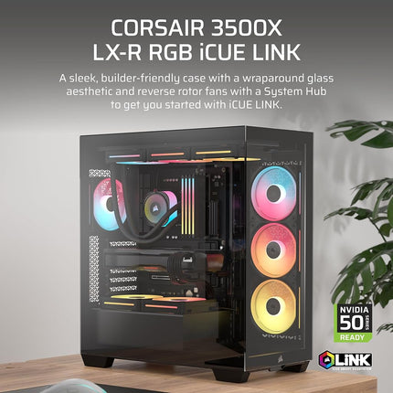 CORSAIR 3500X LX-R RGB iCUE LINK Panoramic Mid-Tower PC Case – 3x Pre-Installed LX120-R RGB Fans, Includes iCUE LINK System Hub, GPU Anti-Sag Arm, Fits up to 10x 120mm Fans – Black