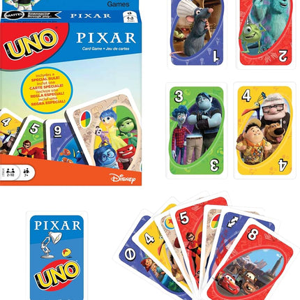Mattel Games UNO Pixar Card Game for Kids, Adults & Family, Deck with Graphics & Rule Inspired by Movie Characters