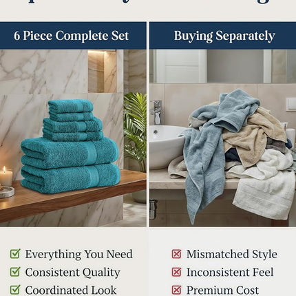 LANE LINEN 100% Cotton 6 Piece Bath Towel Set - Ring Spun, Quick Dry, Super Soft & Highly Absorbent - 2 Bath, 2 Washcloths, 2 Bathroom Hand Towels - Hotel Quality Luxury Bathroom Towel Set - Sea Port