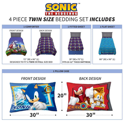 Juego de edredón y sábanas supersuaves para niños Franco, 4 piezas tamaño Twin, Sonic The Hedgehog, Anime