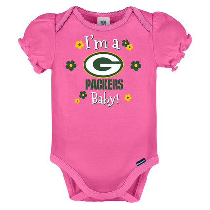 Gerber Baby Girl's Standard NFL 3 Pack Short Sleeve Onesie Bodysuit, Team Color, 3-6 Months