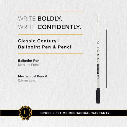 CROSS Classic Century Lustrous Chrome Pen and Pencil Set incl. Premium Gift Box / Refillable Medium Ballpen & 0.7 mm Pencil