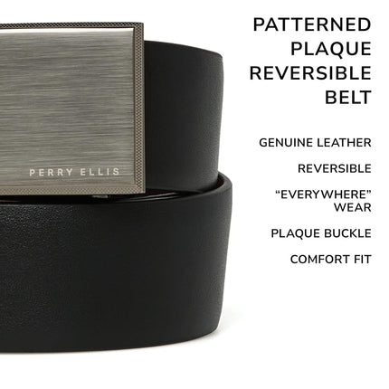 Perry Ellis Men's Portfolio Patterned Plaque 100% Leather Reversible Belt (Sizes 30-44 Inches), Black/Brown Reversible, 38