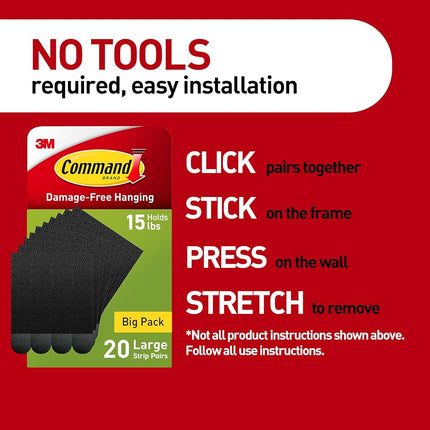 Command 15 lb Large Picture Hanging Strips 40 Pairs, (80 Strips) Damage Free Hanging Picture Hangers, No Tools Great for Home Decor, Black Adhesive