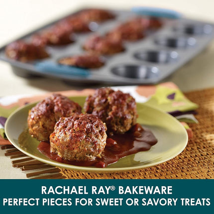 Rachael Ray Yum-o! Bandeja antiadherente para hornear de 12 magdalenas con agarres/Bandeja antiadherente para cupcakes con agarres - 12 tazas, Gris