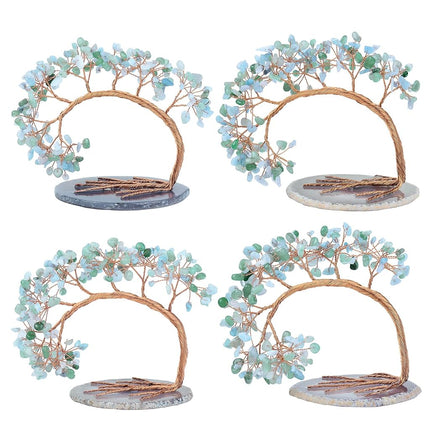 mookaitedecor Green Aventurine & Aquamarine Crystal Money Tree Agate Slice Base Feng Shui Bonsai Crystal Tree for Wealth Luck Desk Decor, 4.5-5.2 Inch High