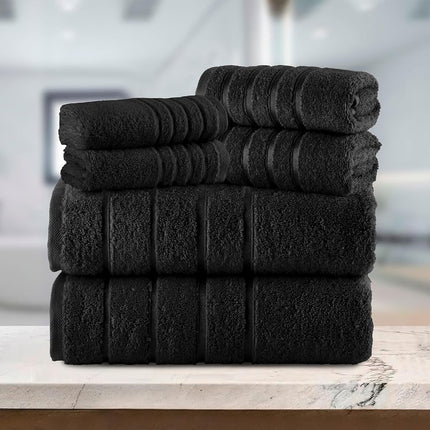 Elegant Comfort 4 Lines Viscose Stripe 6-Piece Premium Towel Set - 100% Turkish Cotton High Absorbent Luxury Bathroom Towels – Includes 2 Washcloths, 2 Hand Towels and 2 Bath Towels Set, Black