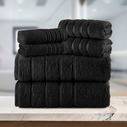 Elegant Comfort 4 Lines Viscose Stripe 6-Piece Premium Towel Set - 100% Turkish Cotton High Absorbent Luxury Bathroom Towels – Includes 2 Washcloths, 2 Hand Towels and 2 Bath Towels Set, Black