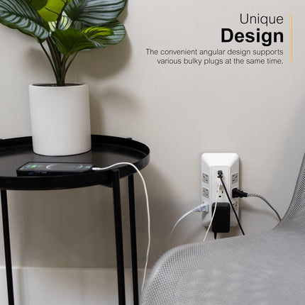Protector de sobretensión GE de 8 tomas con cable de extensión y toma de corriente USB para oficina en casa 2000J 2 USB-A 1 USB-C Blanco/Gris - 73654