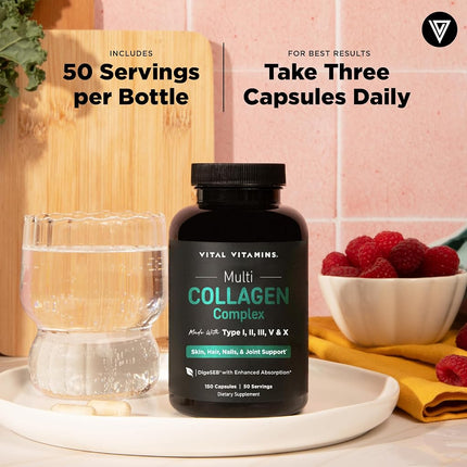 Vital Vitamins Multi Collagen Complex (2 Pack) - Type I, II, III, V, X, Grass Fed, Non-GMO