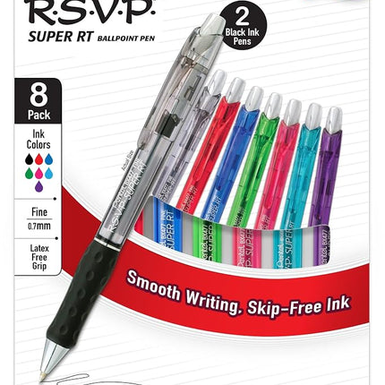 Pentel RSVP Super RT Ballpoint Pen, (0.7mm) Medium Line, Assorted Ink Colors, 8 Pack with Bonus Black Ink Pen
