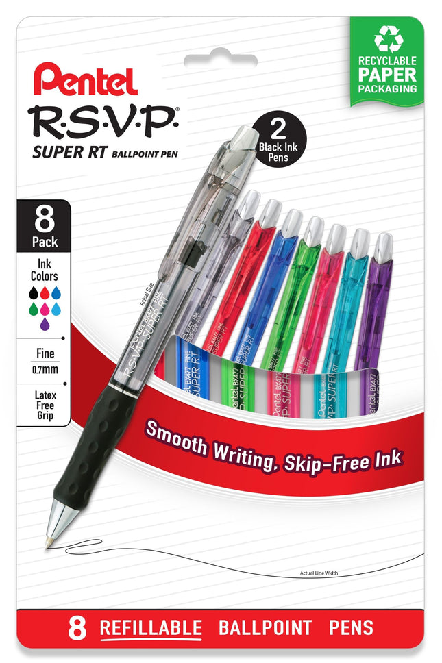 Pentel RSVP Super RT Ballpoint Pen, (0.7mm) Medium Line, Assorted Ink Colors, 8 Pack with Bonus Black Ink Pen