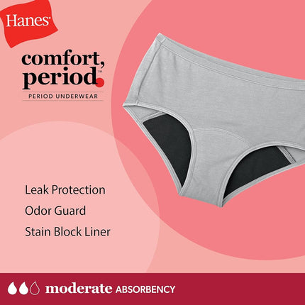 Hanes Girl's Comfort, Period. Ropa Interior Menstrual Estilo Boyshort y Hipster, Protección Moderada, Paquete Múltiple, Boyshort - Rosa/Azul/Negro - Paquete de 4, 8