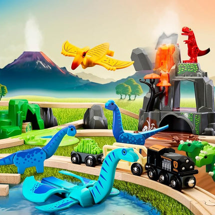 BRIO World Deluxe Dinosaur Train Set for Kids, 45 Piece Wooden Railway Playset with Dinosaurs and Volcano, Ages 3 Years and Up
