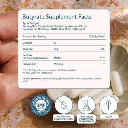 BodyBio Butyrate with Sodium - Supports Healthy Digestion, Gut & Microbiome - Increases Leptin Production for Appetite Control - No Fillers or Additives - 60 Capsules