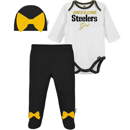 Gerber NFL Pittsburgh Steelers 3 Pack Bodysuit Footed Pant and Cap Registry Gift Set, Black/White Pittsburgh Steelers, 0-3M