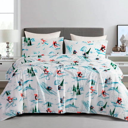 Elegant Comfort Luxuriously Soft 4-Piece Holiday Velvet Plush Flannel Sheet Set - Premium Quality - Cozy Warm, Christmas Fuzzy Velvet Flannel Fleece Deep Pocket Sheet Set - Twin XL, Skiing Penguins