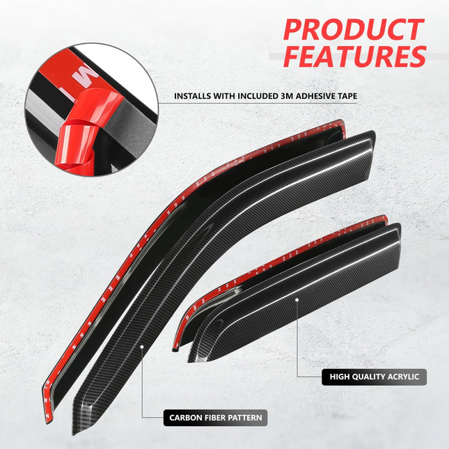 DNA MOTORING Set of 4 Tape-On Carbon Fiber Pattern Styling Window Visor Deflector Rain/Sun Guard Compatible with 2009-2014 Ford F-150 Crew Cab, WVS-046-CF