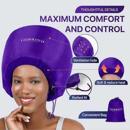 Hair Dryer Bonnet w/A Headband Integrated That Reduces Heat Around Ears & Neck - Hair Dryer Diffuser Cap for Hair Dryer Curly Hair, Speeds Up Drying Time, Deep Conditioning at Home - Large (Purple)