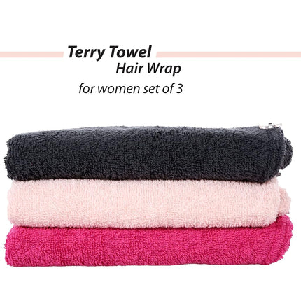 Cacala Terry Hair Towel Wrap - Luxurious Super Absorbent Hair Towel Wrap for Wet Hair, Non-Frizz Hair Turban with Holding Loop and Buttons, Cotton Hair Wrap with Accessories | 3 Pieces