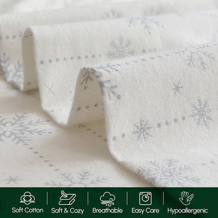 Elegant Comfort Ultra Soft 4-Piece 100% Turkish Cotton Flannel Sheet Set - Holiday Christmas Flannel Sheets, Warm and Cozy Premium Quality, Deep Pocket Fitted Sheet- Queen, Snowflake Ivory