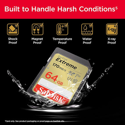 SANDISK Extreme SDXC card 64GB (SD card up to 170 MB/s, V30 Memory card, UHS-I, Class 10, U3, V30, RescuePro Deluxe data recovery software)