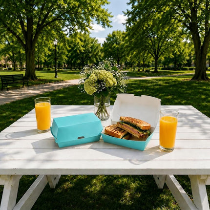 Restaurantware-Bio Tek 6.7 x 3.5 x 3.5 Inch Clamshell Food Containers, 100 Disposable Sandwich Containers - Hinged Lid, Tab-Lock Closure, Turquoise Paper Hot Dog Containers, Durable, Greaseproof